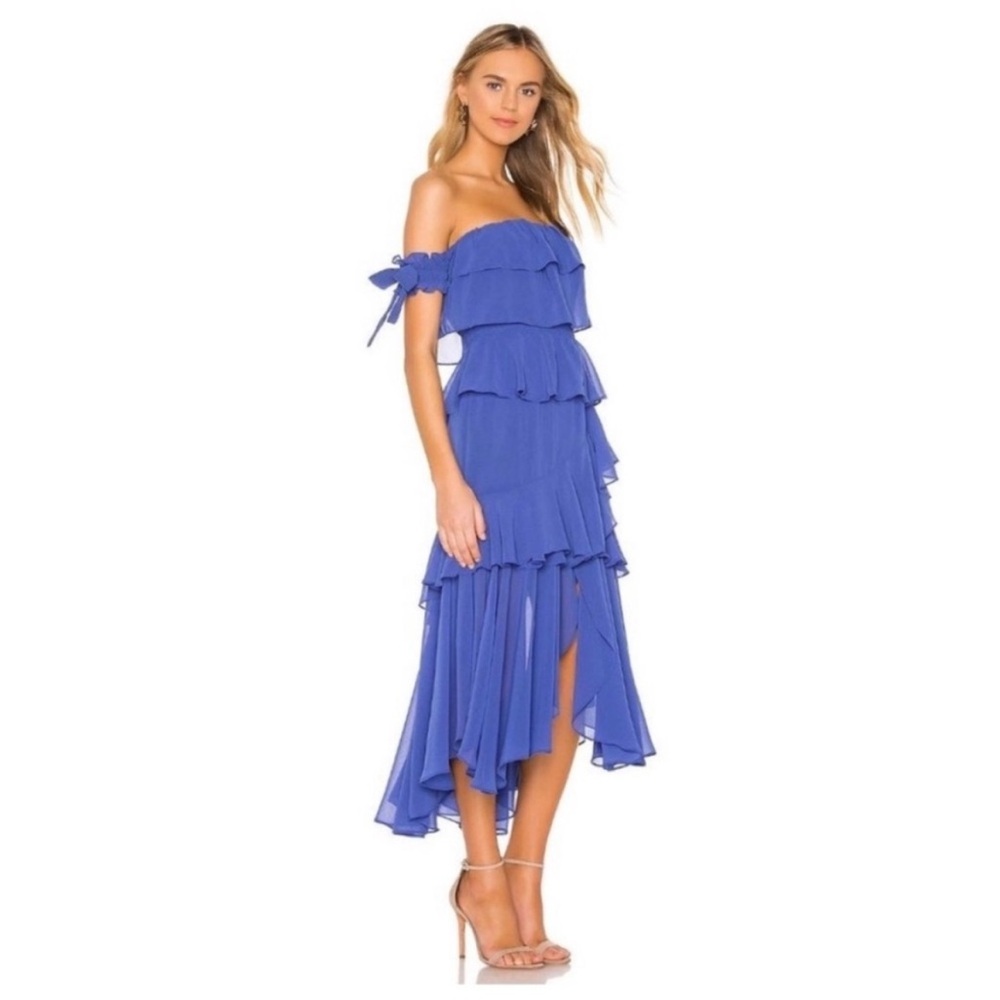 NWT MISA Los Angeles Isidora Dress Sz L Tiered Ruffle Off Shoulder Midi Romantic - Picture 2 of 12